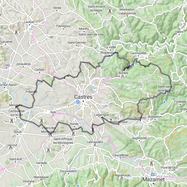 Miniature de la carte de l'inspiration cycliste "La boucle de Sémalens à Saint-Salvy-de-la-Balme" dans la Midi-Pyrénées, France. Générée par le planificateur d'itinéraire cycliste Tarmacs.app