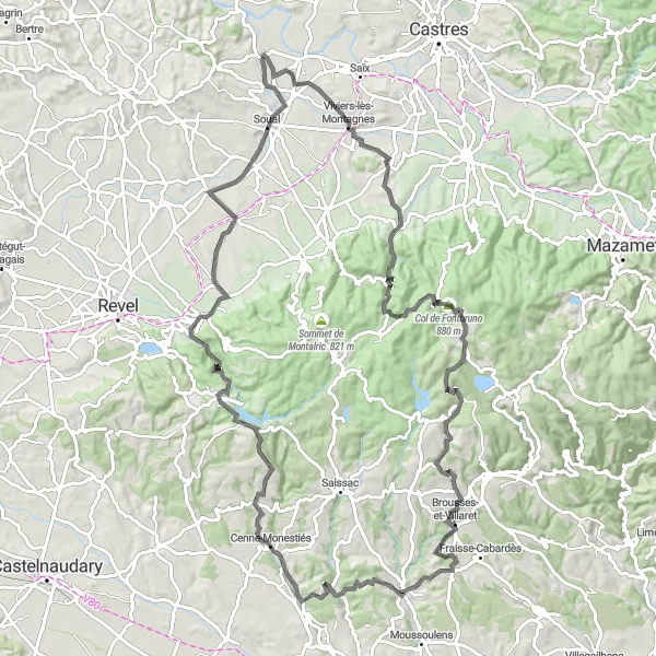 Miniature de la carte de l'inspiration cycliste "Circuit cycliste panoramique autour de Sémalens" dans la Midi-Pyrénées, France. Générée par le planificateur d'itinéraire cycliste Tarmacs.app