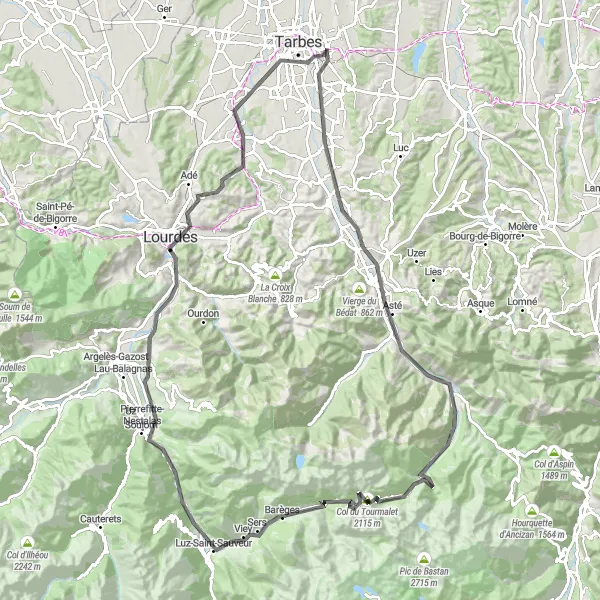 Kartminiatyr av "Bergiga vägar i Midi-Pyrénées" cykelinspiration i Midi-Pyrénées, France. Genererad av Tarmacs.app cykelruttplanerare