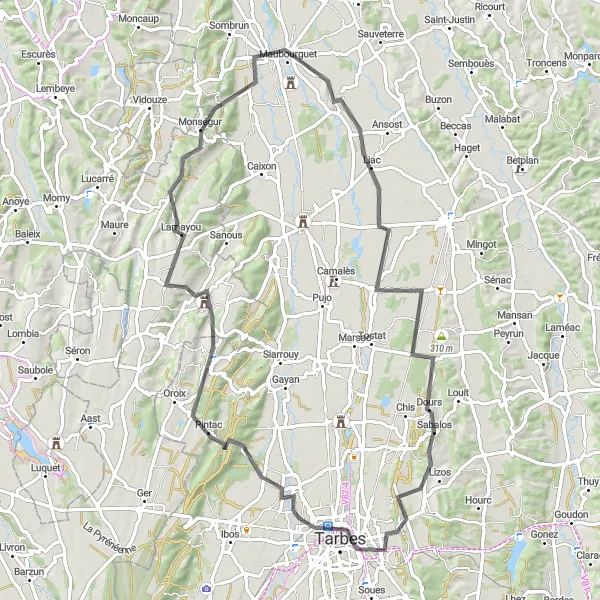 Karttaminiaatyyri "Pyöräilyreitti Bordères-sur-l'Échezista ja takaisin" pyöräilyinspiraatiosta alueella Midi-Pyrénées, France. Luotu Tarmacs.app pyöräilyreittisuunnittelijalla