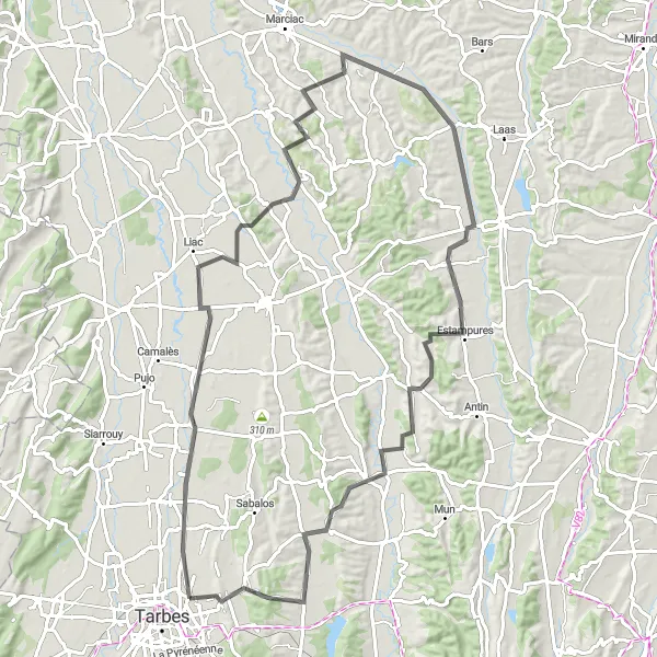 Miniatua del mapa de inspiración ciclista "Ruta en carretera a través de Aureilhan y Chelle-Debat" en Midi-Pyrénées, France. Generado por Tarmacs.app planificador de rutas ciclistas