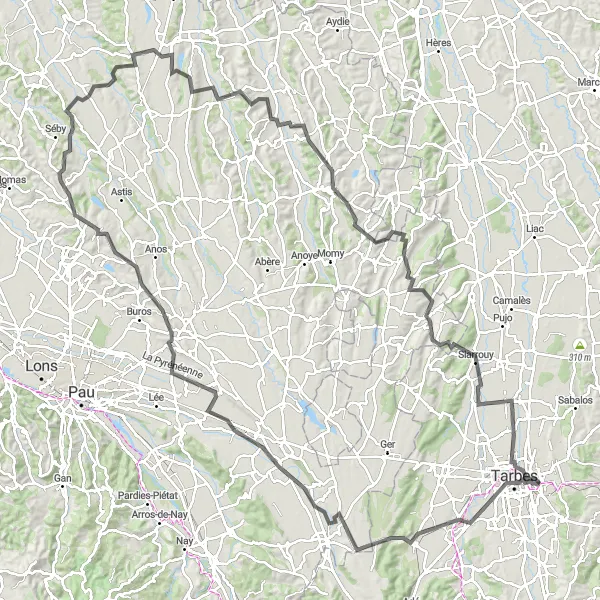 Mapa miniatúra "Výlet do Ossun a Montaner" cyklistická inšpirácia v Midi-Pyrénées, France. Vygenerované cyklistickým plánovačom trás Tarmacs.app