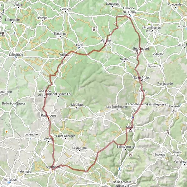 Map miniature of "Septfonds to Puylaroque Gravel Round-trip" cycling inspiration in Midi-Pyrénées, France. Generated by Tarmacs.app cycling route planner