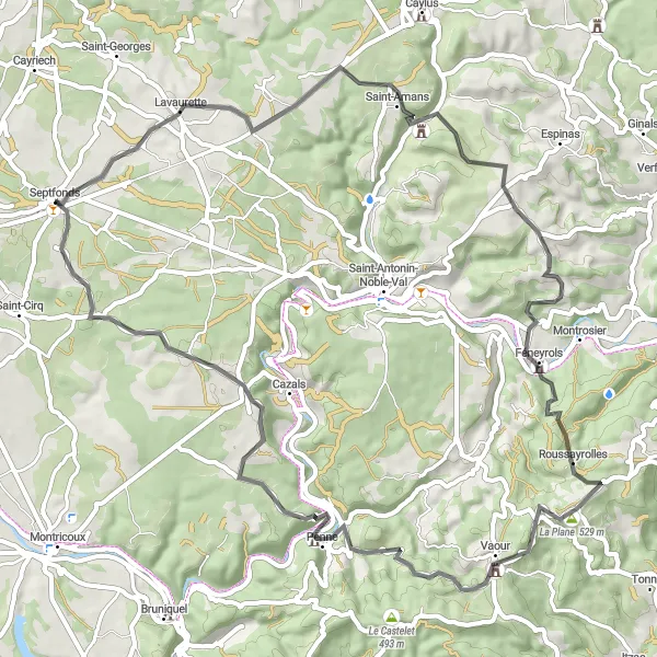Miniatuurkaart van de fietsinspiratie "Schilderachtige weg in het hart van Midi-Pyrénées" in Midi-Pyrénées, France. Gemaakt door de Tarmacs.app fietsrouteplanner