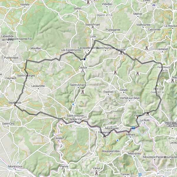 Miniatua del mapa de inspiración ciclista "Excursión en bicicleta de carretera hacia Cirque de Bone y Lacapelle-Livron" en Midi-Pyrénées, France. Generado por Tarmacs.app planificador de rutas ciclistas