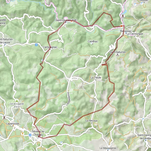 Zemljevid v pomanjšavi "Gorska kolesarska pot okoli Sévérac-le-Château" kolesarske inspiracije v Midi-Pyrénées, France. Generirano z načrtovalcem kolesarskih poti Tarmacs.app
