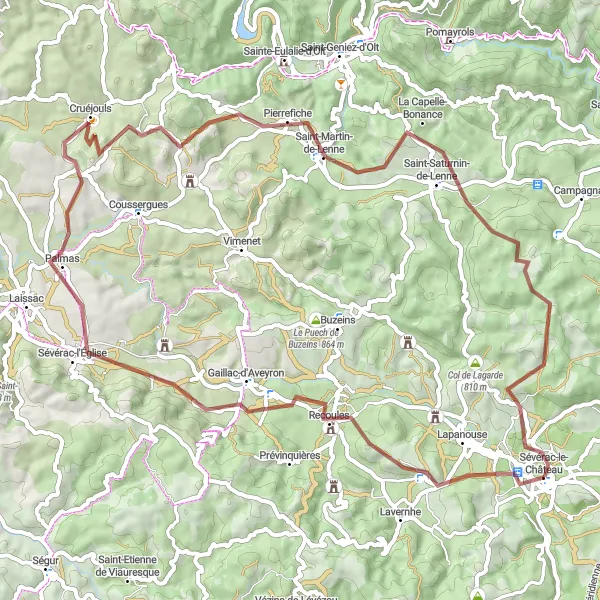 Karttaminiaatyyri "Sevérac-le-Château Gravel Loop" pyöräilyinspiraatiosta alueella Midi-Pyrénées, France. Luotu Tarmacs.app pyöräilyreittisuunnittelijalla