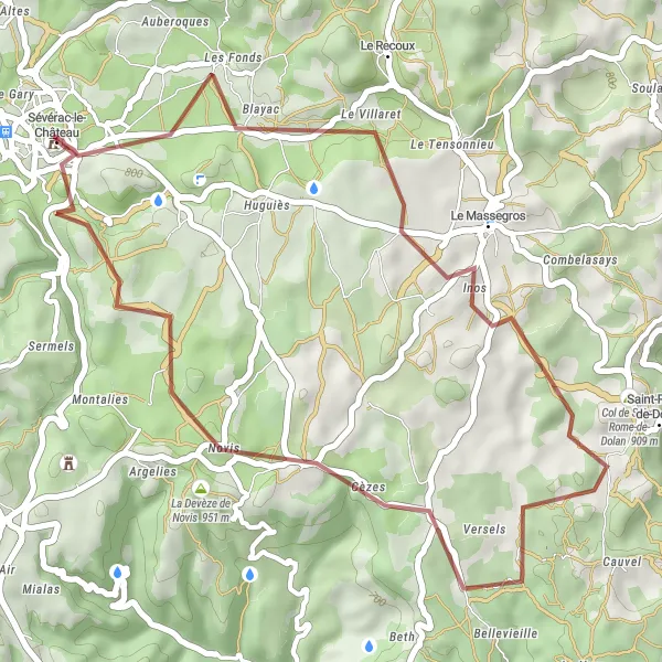 Miniaturní mapa "Gravelová trasa kolem Sévérac-le-Château" inspirace pro cyklisty v oblasti Midi-Pyrénées, France. Vytvořeno pomocí plánovače tras Tarmacs.app