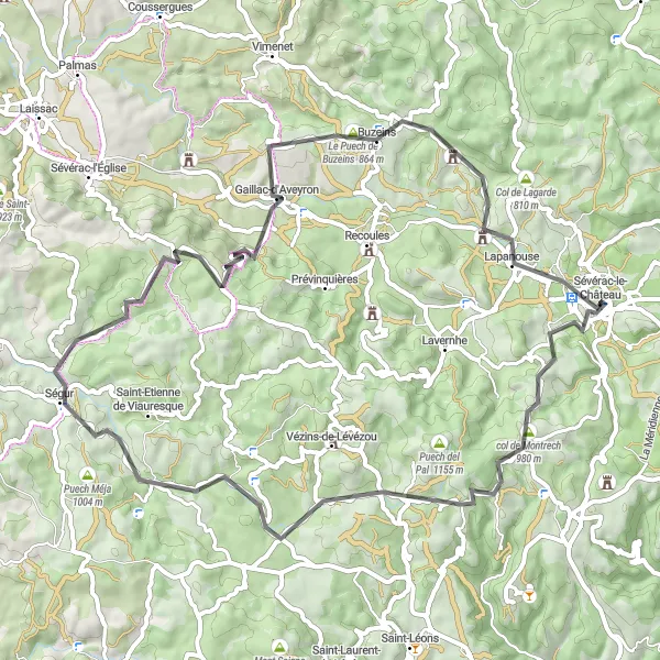 Kartminiatyr av "Rundtur til col de Montrech" sykkelinspirasjon i Midi-Pyrénées, France. Generert av Tarmacs.app sykkelrutoplanlegger