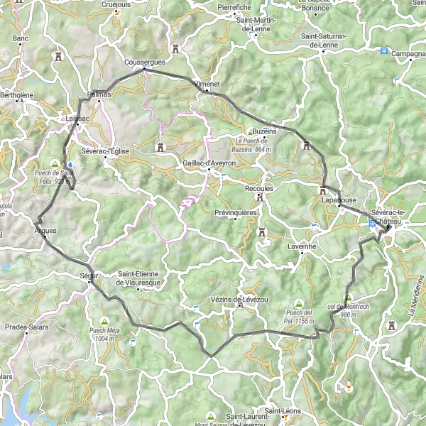 Zemljevid v pomanjšavi "Cestna kolesarska pot skozi Montrech in Laissac" kolesarske inspiracije v Midi-Pyrénées, France. Generirano z načrtovalcem kolesarskih poti Tarmacs.app
