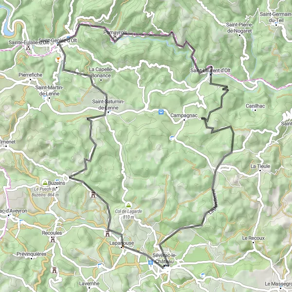 Kartminiatyr av "Äventyrliga vägar runt Sévérac-le-Château" cykelinspiration i Midi-Pyrénées, France. Genererad av Tarmacs.app cykelruttplanerare