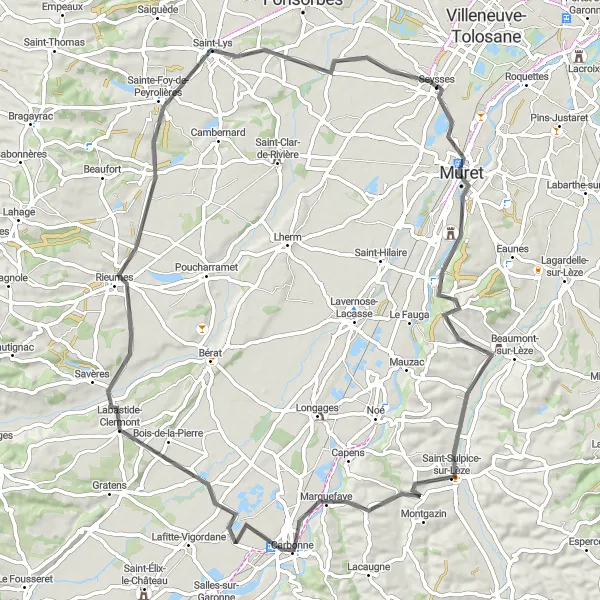 Miniaturní mapa "Okružní cyklistická trasa z Seysses" inspirace pro cyklisty v oblasti Midi-Pyrénées, France. Vytvořeno pomocí plánovače tras Tarmacs.app