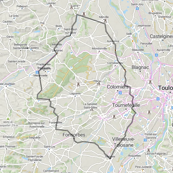 Miniatua del mapa de inspiración ciclista "Travesía en bicicleta de 77km por carretera desde Fonsorbes" en Midi-Pyrénées, France. Generado por Tarmacs.app planificador de rutas ciclistas