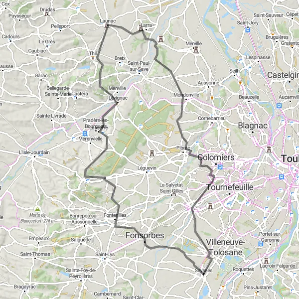 Mapa miniatúra "Zajímavá cyklistická trasa cez Menville a Frouzins" cyklistická inšpirácia v Midi-Pyrénées, France. Vygenerované cyklistickým plánovačom trás Tarmacs.app