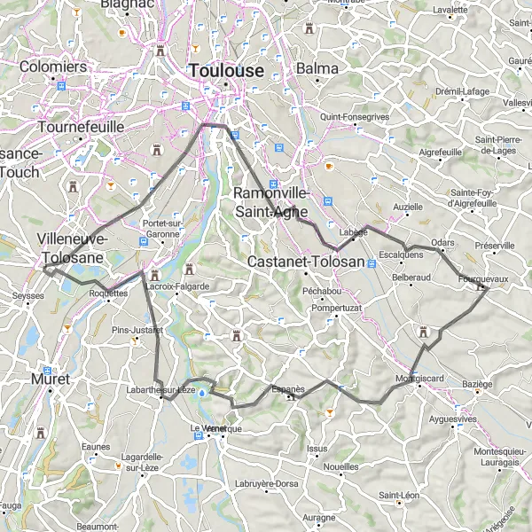 Miniatua del mapa de inspiración ciclista "Ruta por carretera hacia Roques" en Midi-Pyrénées, France. Generado por Tarmacs.app planificador de rutas ciclistas