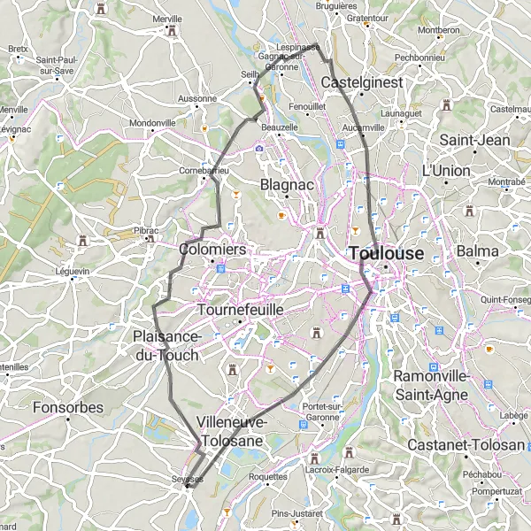 Miniatuurkaart van de fietsinspiratie "Route van Seysses naar Toulouse en terug" in Midi-Pyrénées, France. Gemaakt door de Tarmacs.app fietsrouteplanner