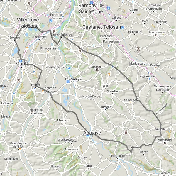 Miniatua del mapa de inspiración ciclista "Ruta panorámica desde Seysses a Muret" en Midi-Pyrénées, France. Generado por Tarmacs.app planificador de rutas ciclistas