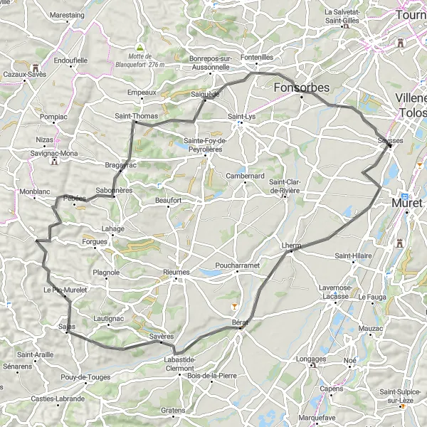 Miniatua del mapa de inspiración ciclista "Ruta por carretera hacia Fonsorbes" en Midi-Pyrénées, France. Generado por Tarmacs.app planificador de rutas ciclistas