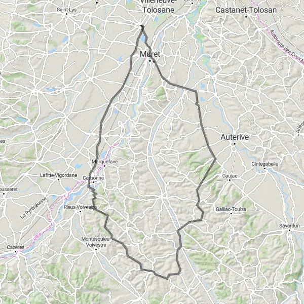 Miniatura mapy "Seysses - Muret - Lagardelle-sur-Lèze - Lagrâce-Dieu - Massabrac - Mailholas - Carbonne - Longages - Ox" - trasy rowerowej w Midi-Pyrénées, France. Wygenerowane przez planer tras rowerowych Tarmacs.app