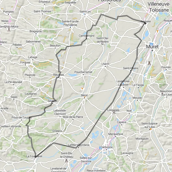 Miniatua del mapa de inspiración ciclista "Ruta escénica desde Seysses a Cambernard" en Midi-Pyrénées, France. Generado por Tarmacs.app planificador de rutas ciclistas