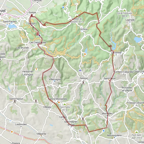 Mapa miniatúra "Gravel Adventure to Durfort" cyklistická inšpirácia v Midi-Pyrénées, France. Vygenerované cyklistickým plánovačom trás Tarmacs.app