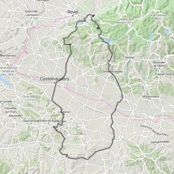 Kartminiatyr av "Slingrande vägar runt Sorèze" cykelinspiration i Midi-Pyrénées, France. Genererad av Tarmacs.app cykelruttplanerare