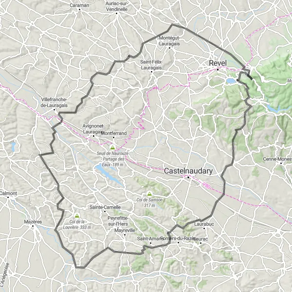 Kartminiatyr av "Oppidum de Berniquaut till Sorèze cykeltur" cykelinspiration i Midi-Pyrénées, France. Genererad av Tarmacs.app cykelruttplanerare