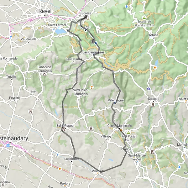 Miniatuurkaart van de fietsinspiratie "Verkenningstocht door de Lauragais-regio" in Midi-Pyrénées, France. Gemaakt door de Tarmacs.app fietsrouteplanner