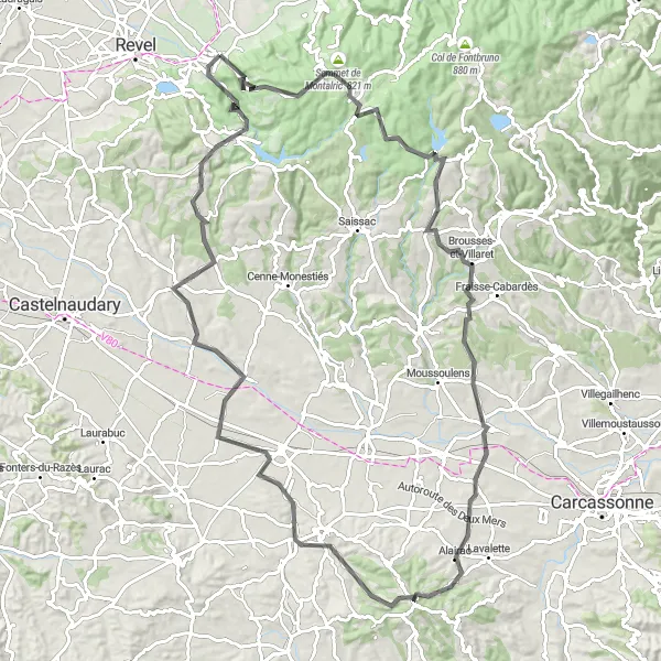Miniature de la carte de l'inspiration cycliste "Les Vallons de la Montagne Noire" dans la Midi-Pyrénées, France. Générée par le planificateur d'itinéraire cycliste Tarmacs.app