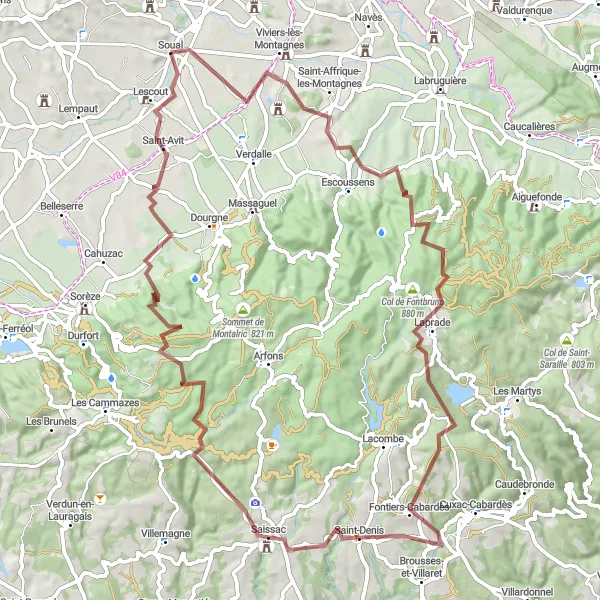 Miniatua del mapa de inspiración ciclista "Ruta de Grava a Montañas y Castillos" en Midi-Pyrénées, France. Generado por Tarmacs.app planificador de rutas ciclistas