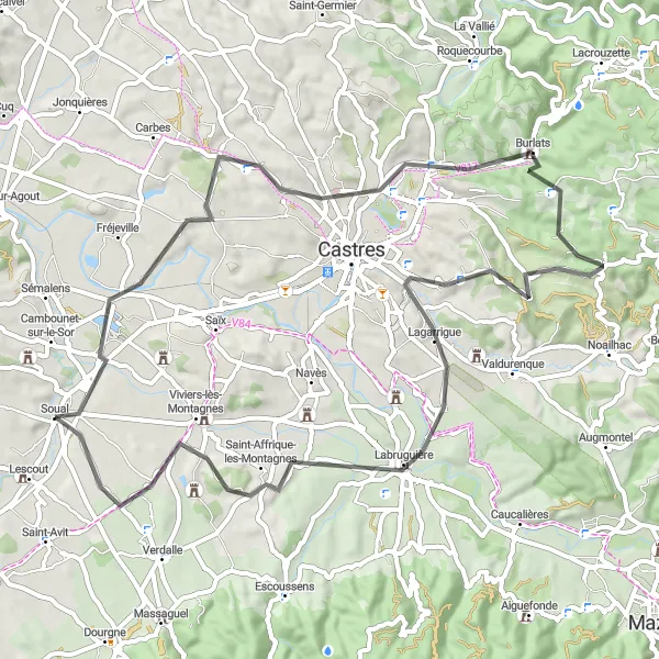 Miniatuurkaart van de fietsinspiratie "Rondje fietsen vanuit Soual via Burlats en Saint-Affrique-les-Montagnes" in Midi-Pyrénées, France. Gemaakt door de Tarmacs.app fietsrouteplanner