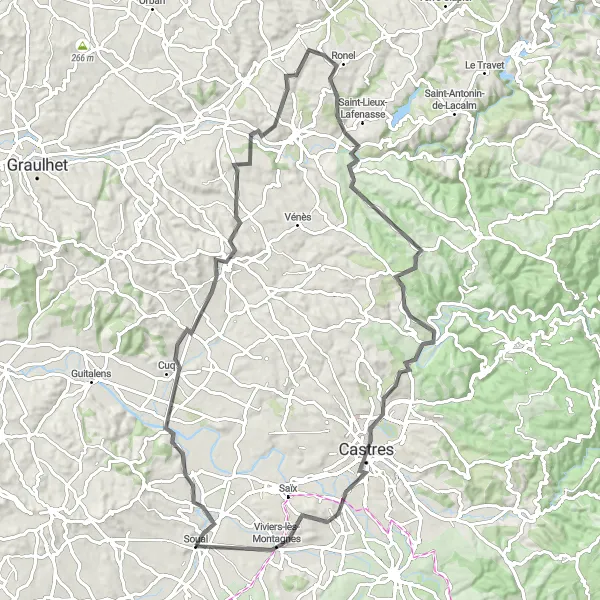 Zemljevid v pomanjšavi "Cambounet-sur-le-Sor - Viviers-lès-Montagnes - Cambounet-sur-le-Sor" kolesarske inspiracije v Midi-Pyrénées, France. Generirano z načrtovalcem kolesarskih poti Tarmacs.app