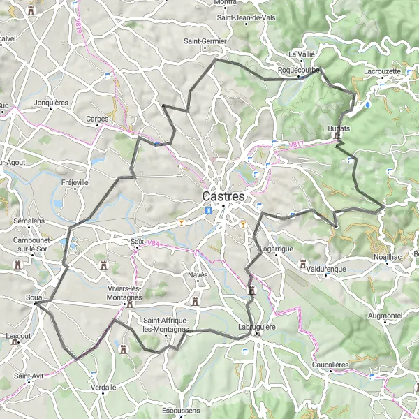 Map miniature of "Soual to Saint-Affrique-Les-Montagnes Loop Cycling Route" cycling inspiration in Midi-Pyrénées, France. Generated by Tarmacs.app cycling route planner