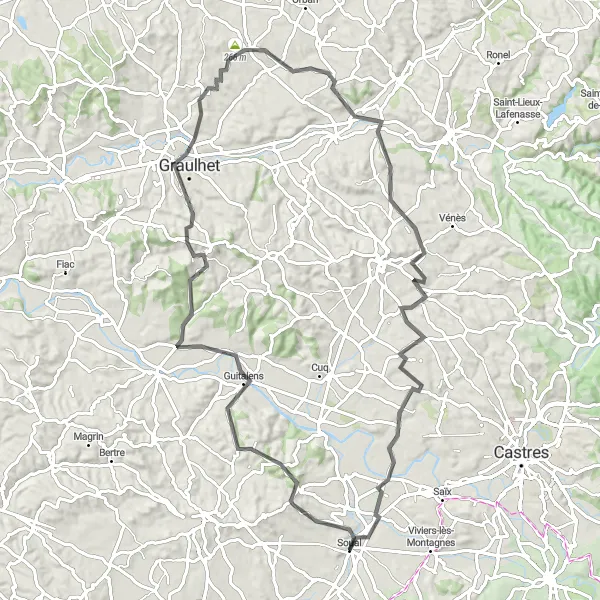 Miniaturní mapa "Okruh kolem Soualu a okolí" inspirace pro cyklisty v oblasti Midi-Pyrénées, France. Vytvořeno pomocí plánovače tras Tarmacs.app