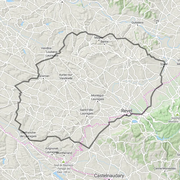 Miniaturní mapa "Výlet na kole kolem Sorèze" inspirace pro cyklisty v oblasti Midi-Pyrénées, France. Vytvořeno pomocí plánovače tras Tarmacs.app