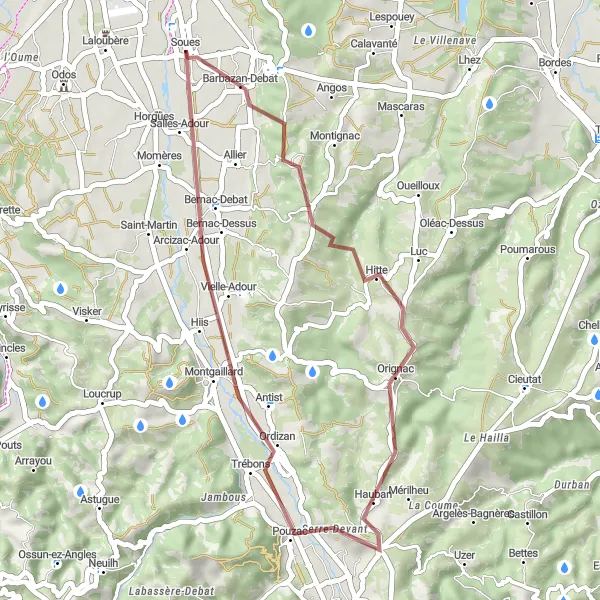 Miniatua del mapa de inspiración ciclista "Ruta de grava escénica" en Midi-Pyrénées, France. Generado por Tarmacs.app planificador de rutas ciclistas