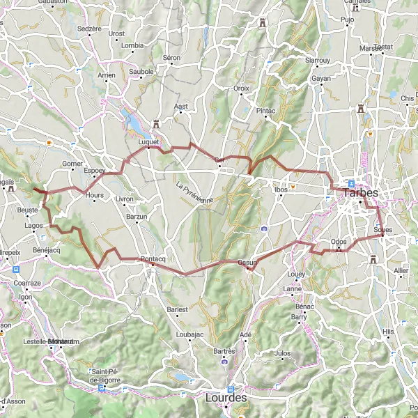 Map miniature of "Circular Gravel Route from Soues" cycling inspiration in Midi-Pyrénées, France. Generated by Tarmacs.app cycling route planner