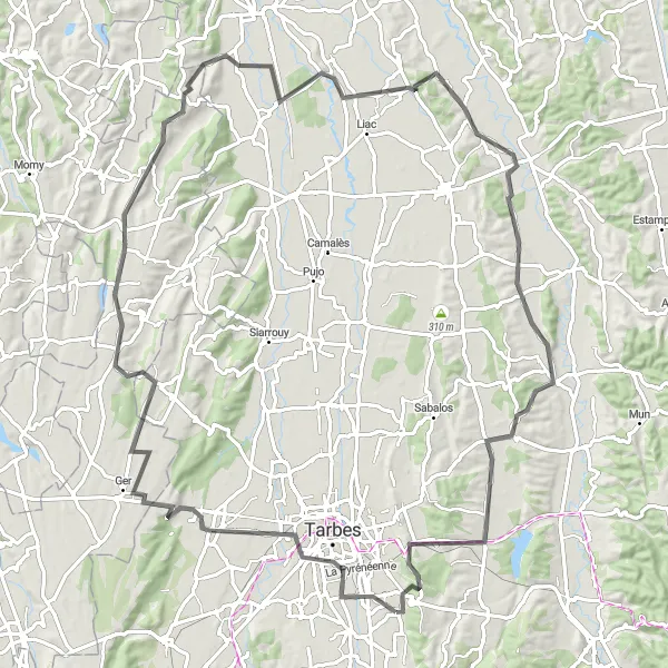 Kartminiatyr av "Cykla genom Barbazan-Debat och Labatut-Figuières" cykelinspiration i Midi-Pyrénées, France. Genererad av Tarmacs.app cykelruttplanerare