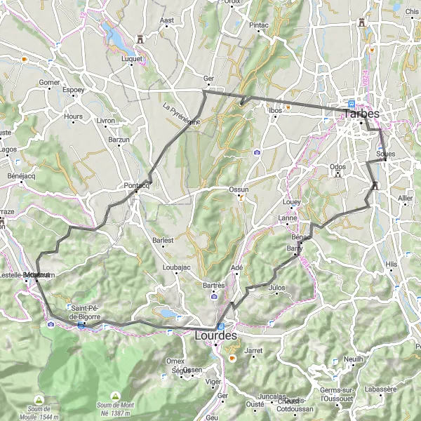 Miniature de la carte de l'inspiration cycliste "Parcours épique en vélo à partir de Soues" dans la Midi-Pyrénées, France. Générée par le planificateur d'itinéraire cycliste Tarmacs.app