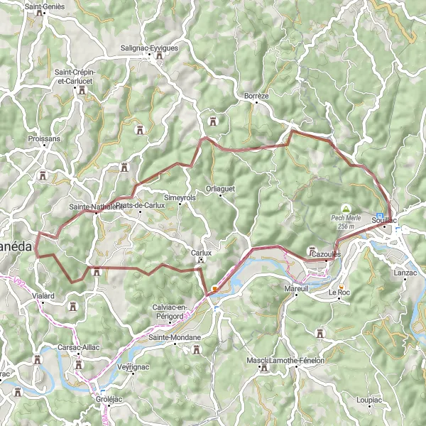 Miniaturní mapa "Gravel cyklostezka okolo Souillac" inspirace pro cyklisty v oblasti Midi-Pyrénées, France. Vytvořeno pomocí plánovače tras Tarmacs.app