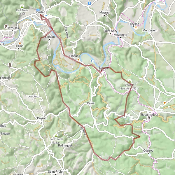 Miniaturní mapa "Gravel Okolí Souillac" inspirace pro cyklisty v oblasti Midi-Pyrénées, France. Vytvořeno pomocí plánovače tras Tarmacs.app