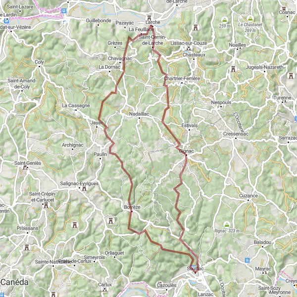 Karttaminiaatyyri "Haastava maastopyöräilyreitti Souillacin ympäri" pyöräilyinspiraatiosta alueella Midi-Pyrénées, France. Luotu Tarmacs.app pyöräilyreittisuunnittelijalla