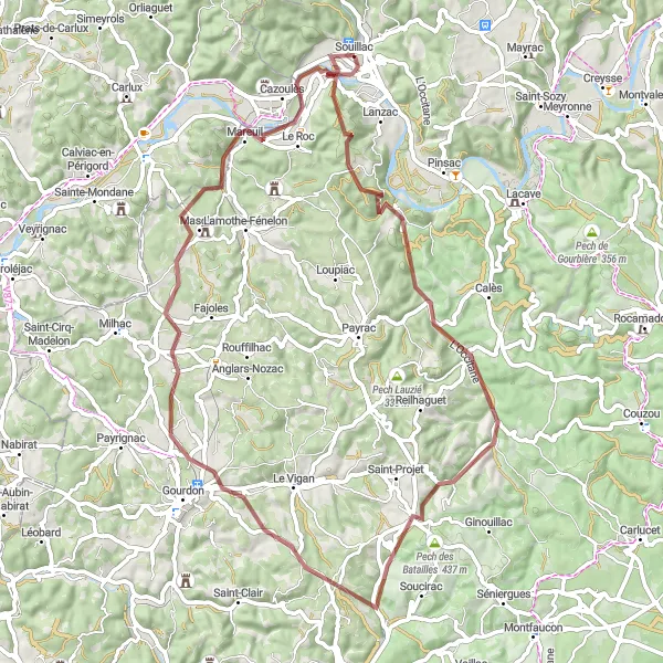 Miniaturní mapa "Gravelový okruh kolem Souillac" inspirace pro cyklisty v oblasti Midi-Pyrénées, France. Vytvořeno pomocí plánovače tras Tarmacs.app