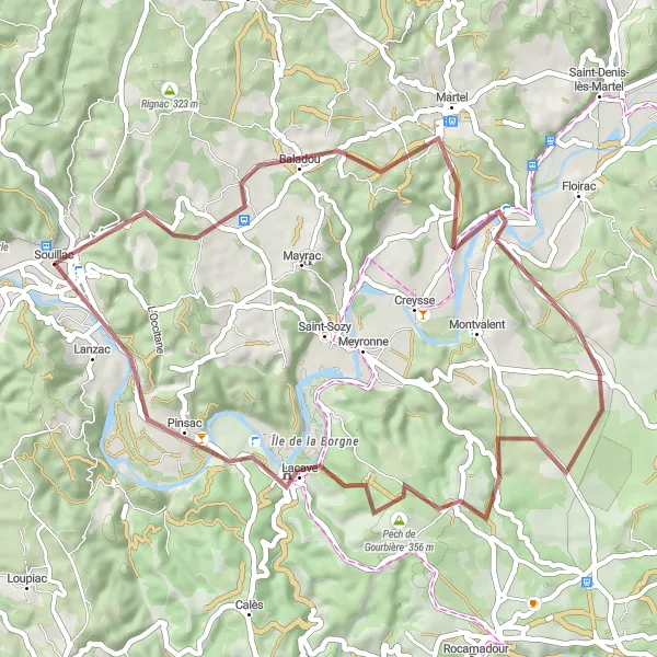 Karttaminiaatyyri "Kaunis maastopyöräreitti ympäri Souillacia" pyöräilyinspiraatiosta alueella Midi-Pyrénées, France. Luotu Tarmacs.app pyöräilyreittisuunnittelijalla