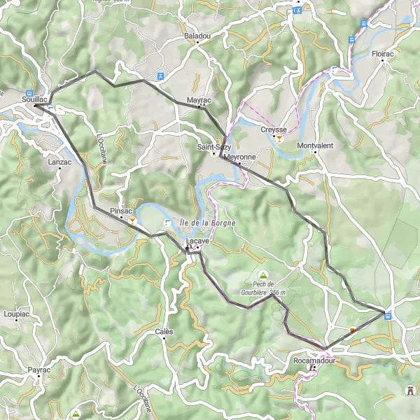 Mapa miniatúra "Trasa okolo Souillac cez Rocher Sainte-Marie" cyklistická inšpirácia v Midi-Pyrénées, France. Vygenerované cyklistickým plánovačom trás Tarmacs.app