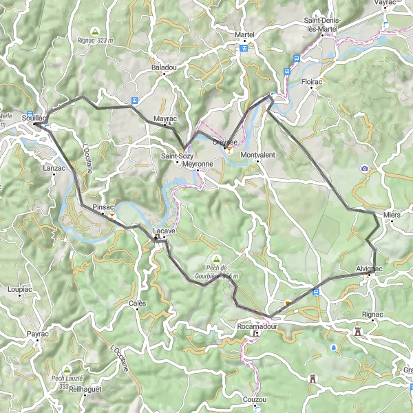 Miniatuurkaart van de fietsinspiratie "Rit naar de Belvédère de la Vallée vanuit Souillac" in Midi-Pyrénées, France. Gemaakt door de Tarmacs.app fietsrouteplanner