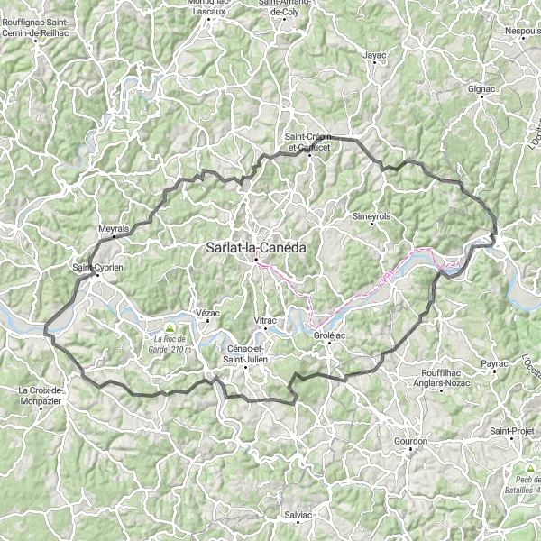Kartminiatyr av "Äventyrlig cykling till Marquay" cykelinspiration i Midi-Pyrénées, France. Genererad av Tarmacs.app cykelruttplanerare