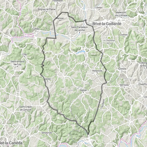 Kartminiatyr av "Road cycling fra Souillac" sykkelinspirasjon i Midi-Pyrénées, France. Generert av Tarmacs.app sykkelrutoplanlegger