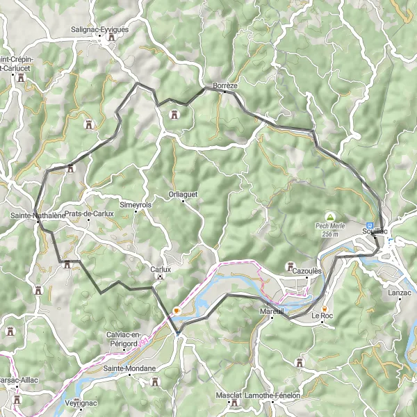 Zemljevid v pomanjšavi "Pot okoli Souillaca" kolesarske inspiracije v Midi-Pyrénées, France. Generirano z načrtovalcem kolesarskih poti Tarmacs.app