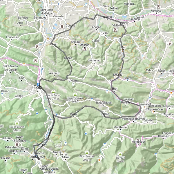 Miniaturní mapa "Kolejový okruh Pyrenejí" inspirace pro cyklisty v oblasti Midi-Pyrénées, France. Vytvořeno pomocí plánovače tras Tarmacs.app